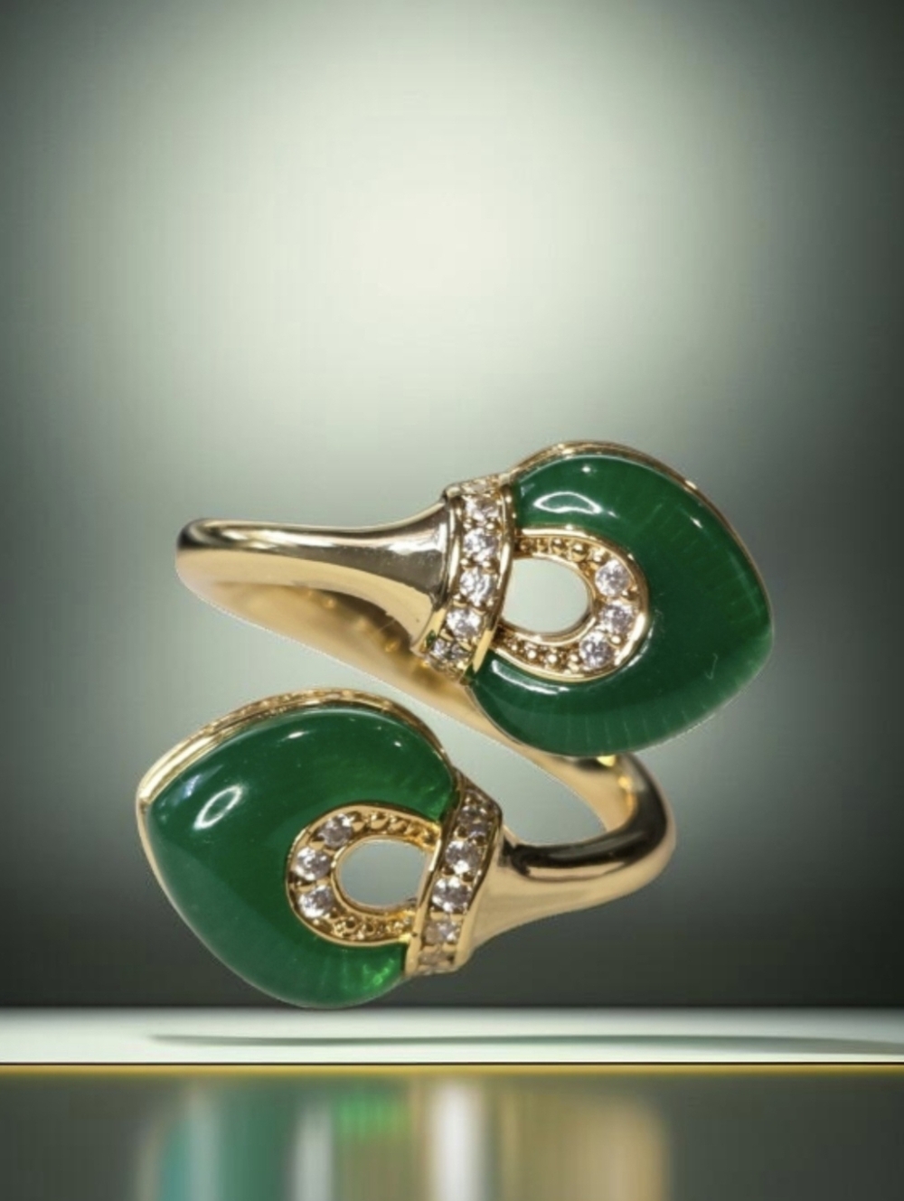 18k Gold Plated Luxury Emerald Lucite Pave Zircon Crystal Cross Over Bypass Ring